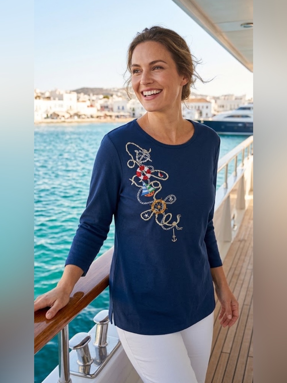 Quacker Factory® Women's Top Nautical Sequin Embroidered 100% Cotton Navy L New